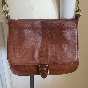 Fossil Cognac Leather Messenger Bag with Brass Hardware